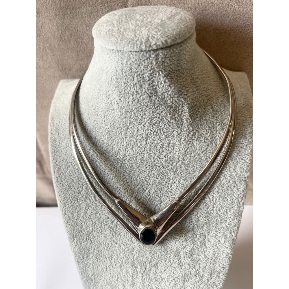Modernist Silver Tone Double Collar Necklace Black Oval Sculptural Statement